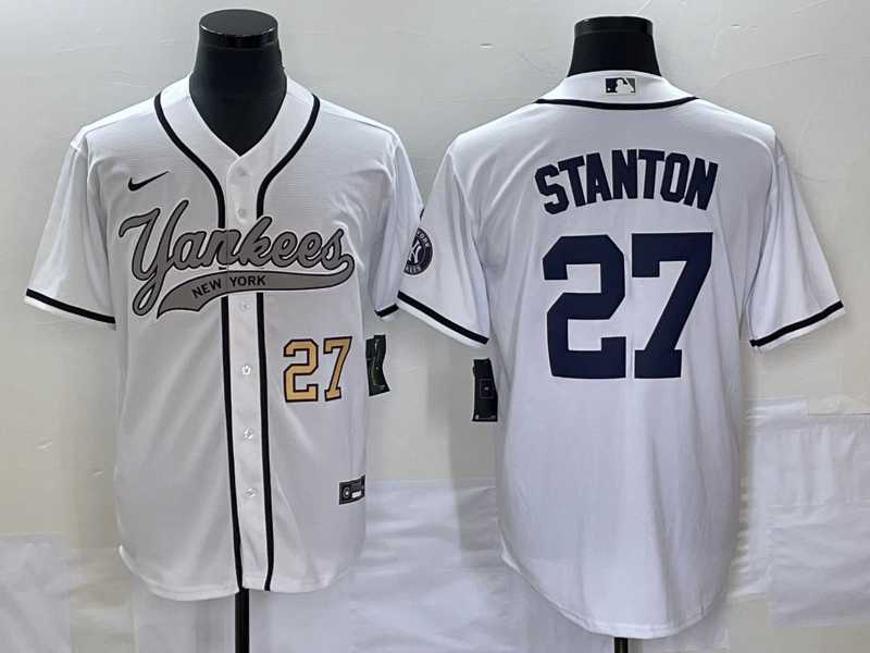 Men%27s New York Yankees #27 Giancarlo Stanton Number White With Patch Cool Base Stitched Baseball Jersey->new york yankees->MLB Jersey